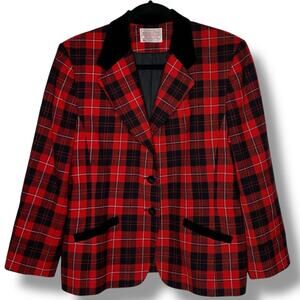 Vintage Wool Pendleton Plaid Red Black Blazer Jacket Holiday Size 14 Petite USA